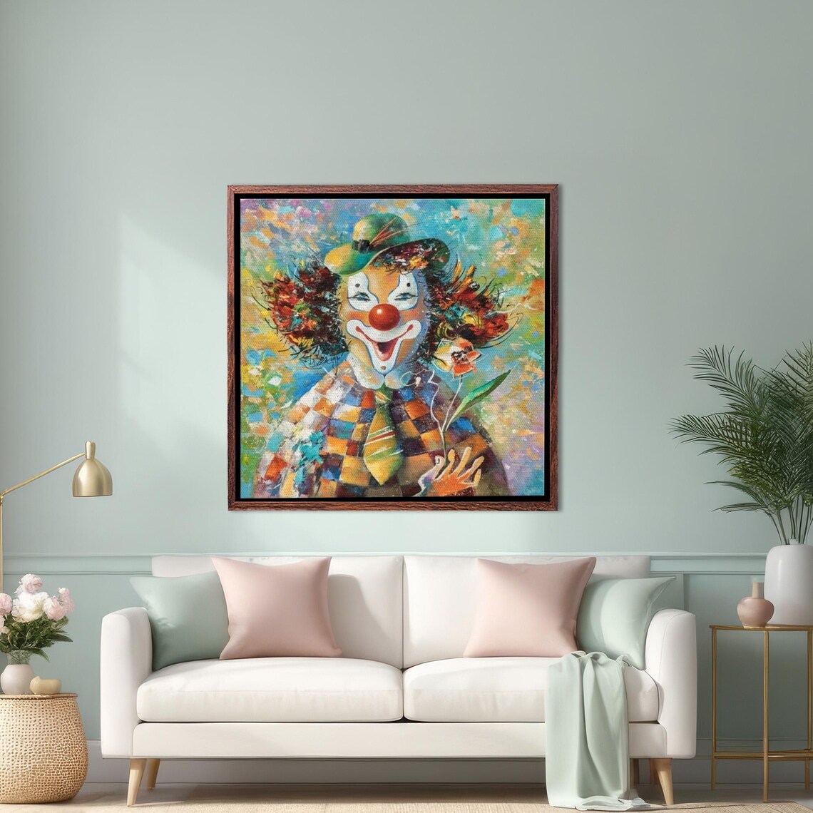 Cheerful Flowery Clown Oil Painting With Red Nose Portrait Poster