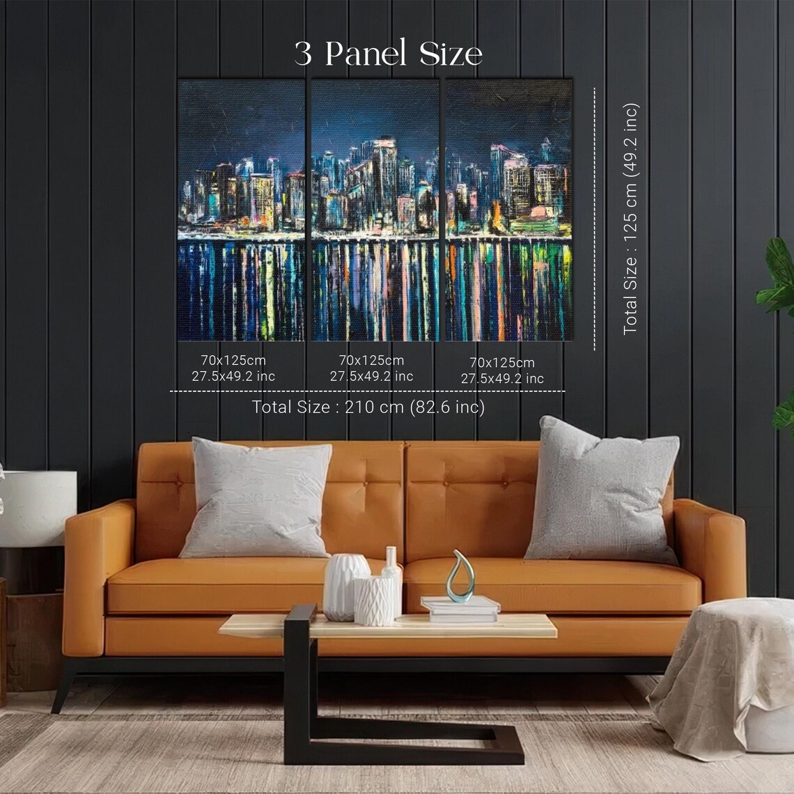 Glowing City Skyline at Night Water Reflections Oil Painting Poster - Image 2