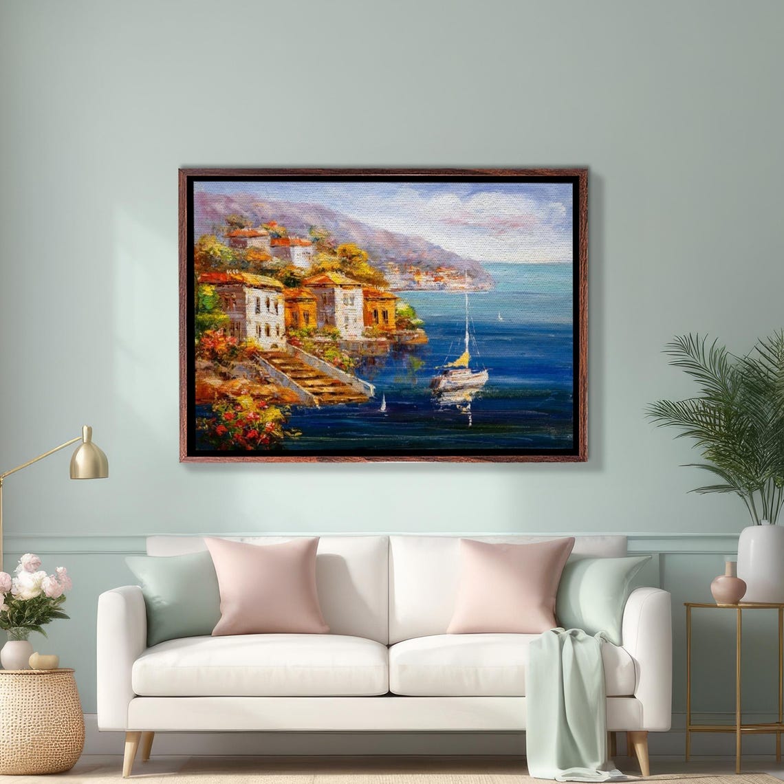 Mediterranean Coastal Village With Boats on Blue Water Poster