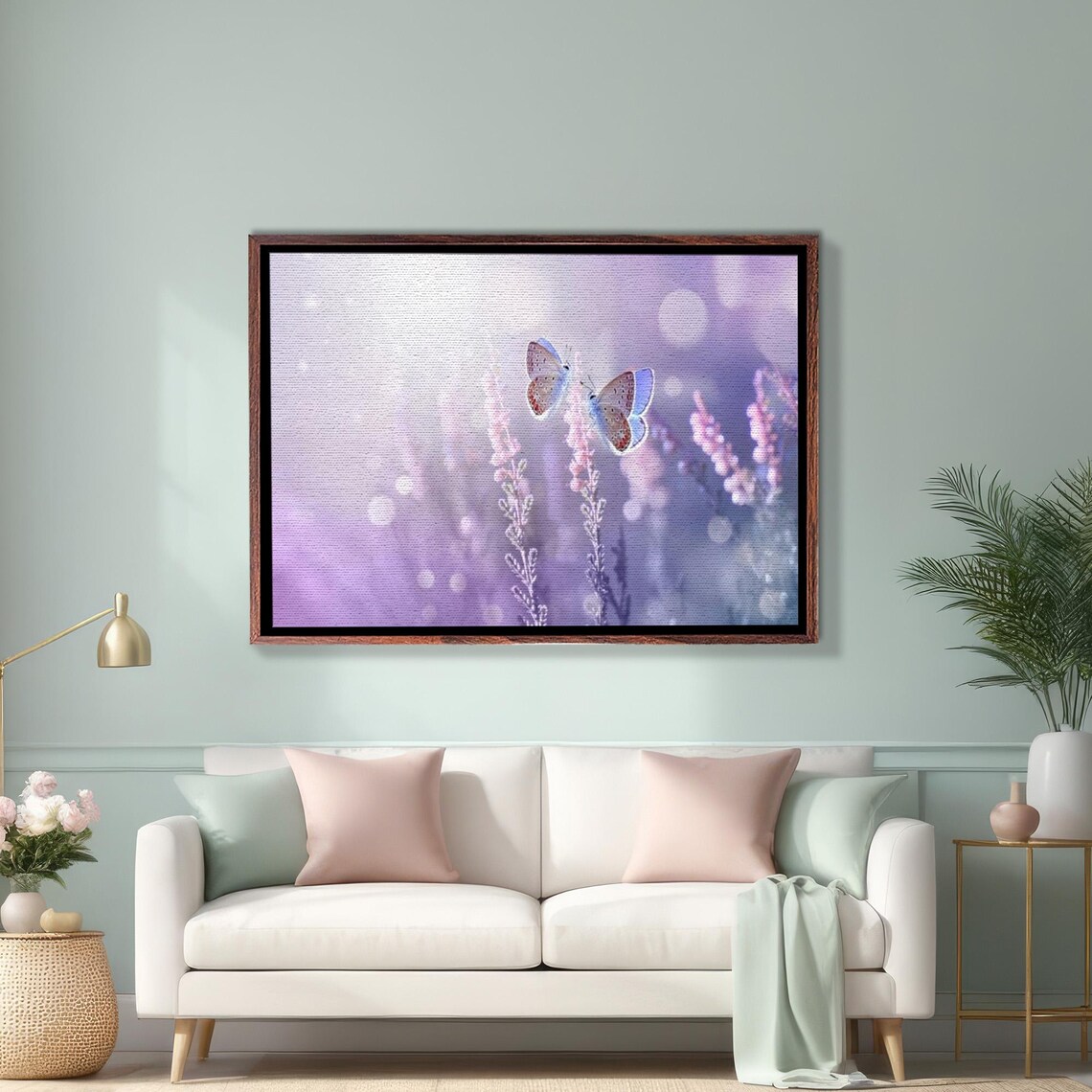 Two Butterflies Over Lavender Flowers in Dreamy Purple Art Poster