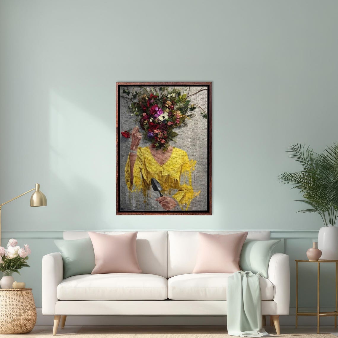 Woman With Flower Head Holding Trowel In Surreal Garden Poster