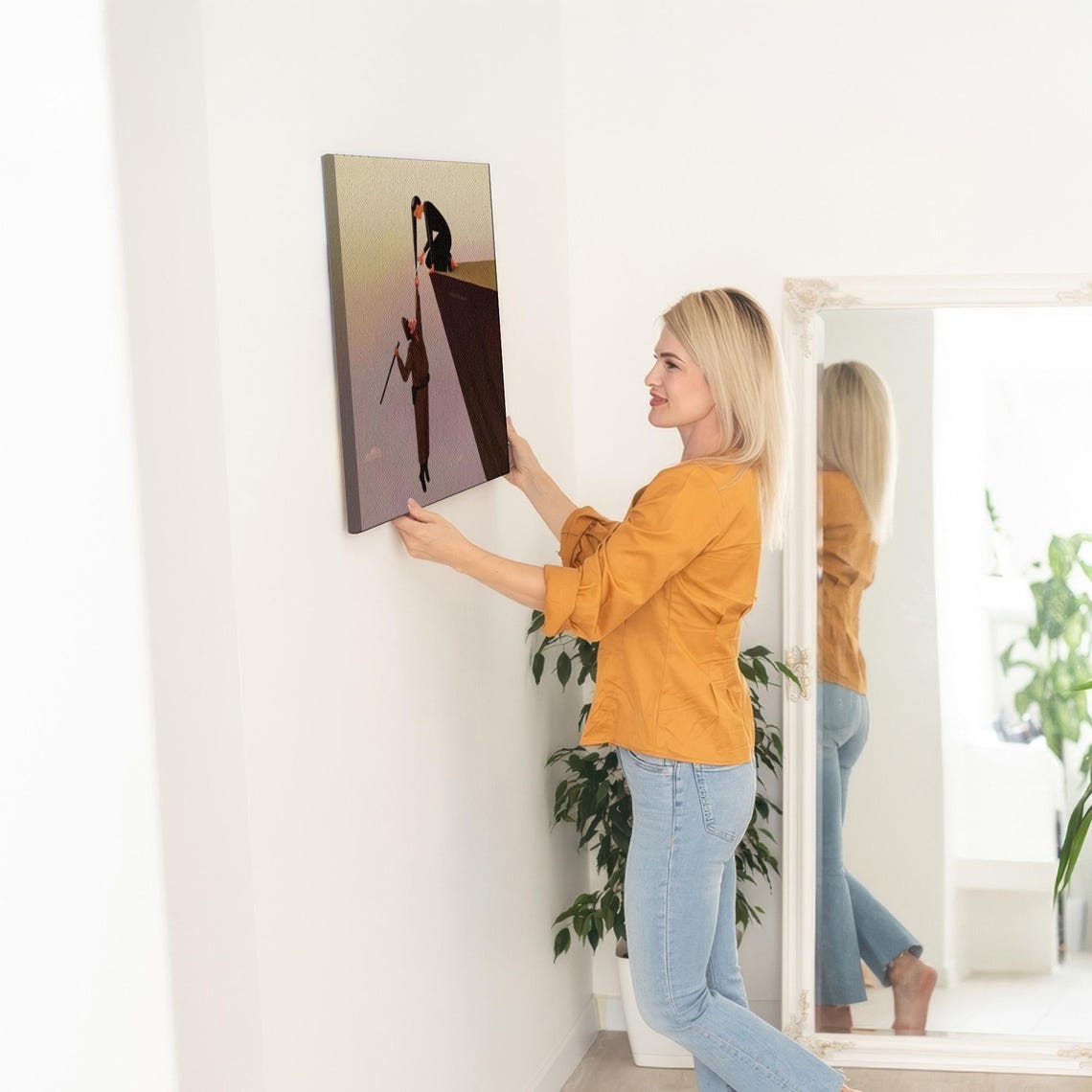 Woman Pulling Man Up From Cliff Edge Surreal Minimalist Art Poster - Image 5