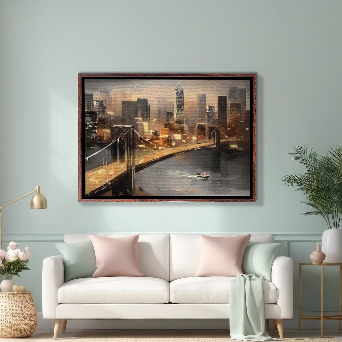 New York City Bridge Spanning the River Evening Skyline View Poster