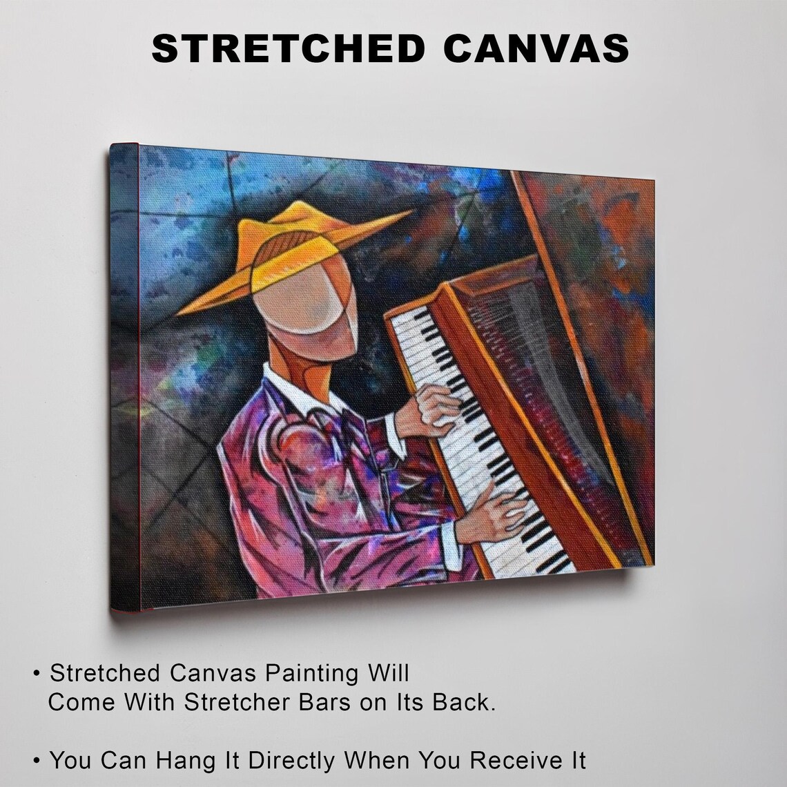 Cubist Man in Yellow Hat Playing Grand Piano Music Art Poster - Image 3