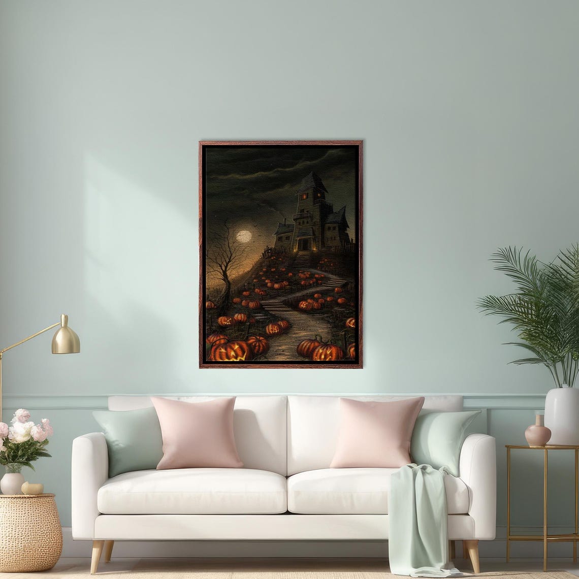 Haunted House on a Hill with Jack O Lanterns at Night Poster