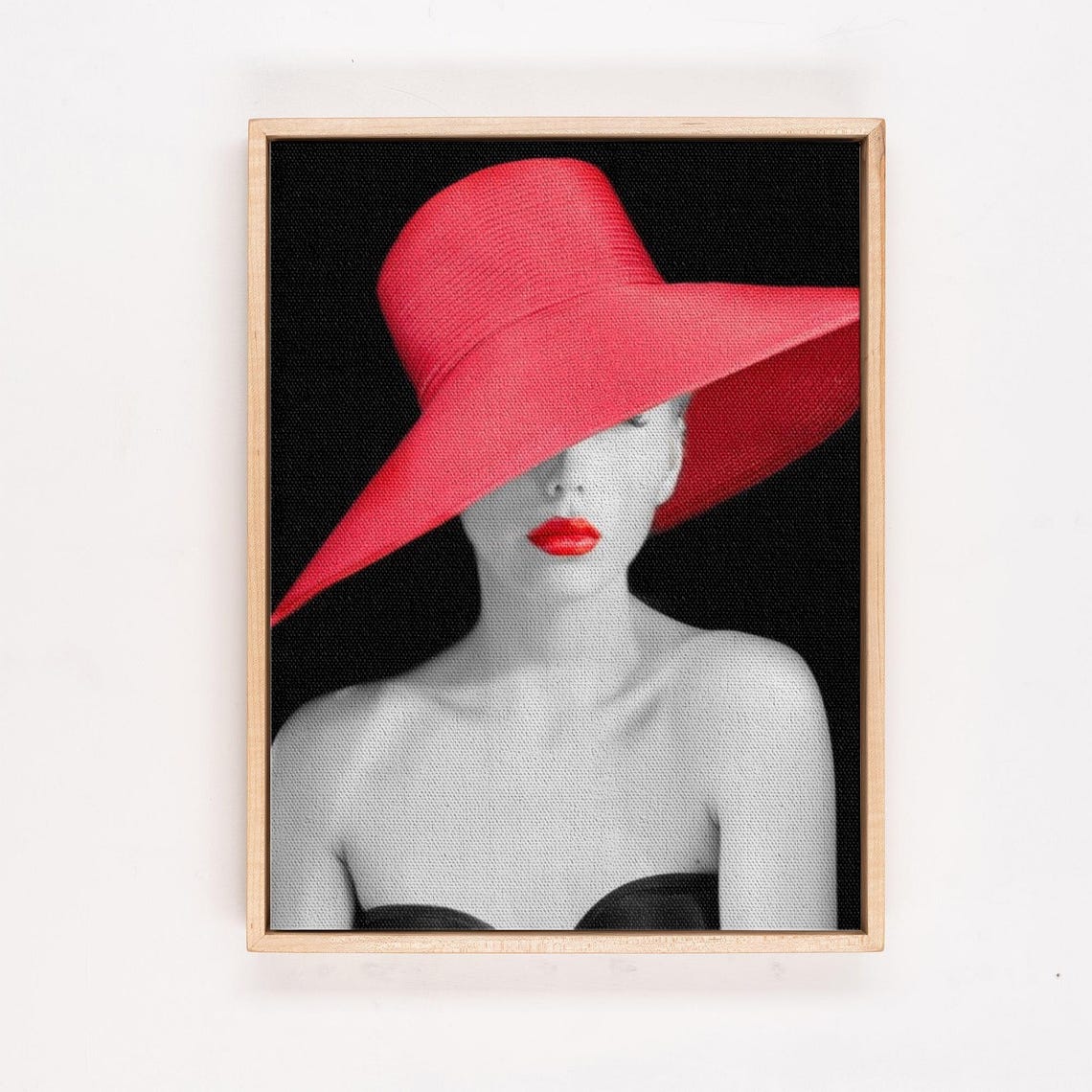 Elegant Woman in Red Hat and Red Lips Black Background Poster - Image 4