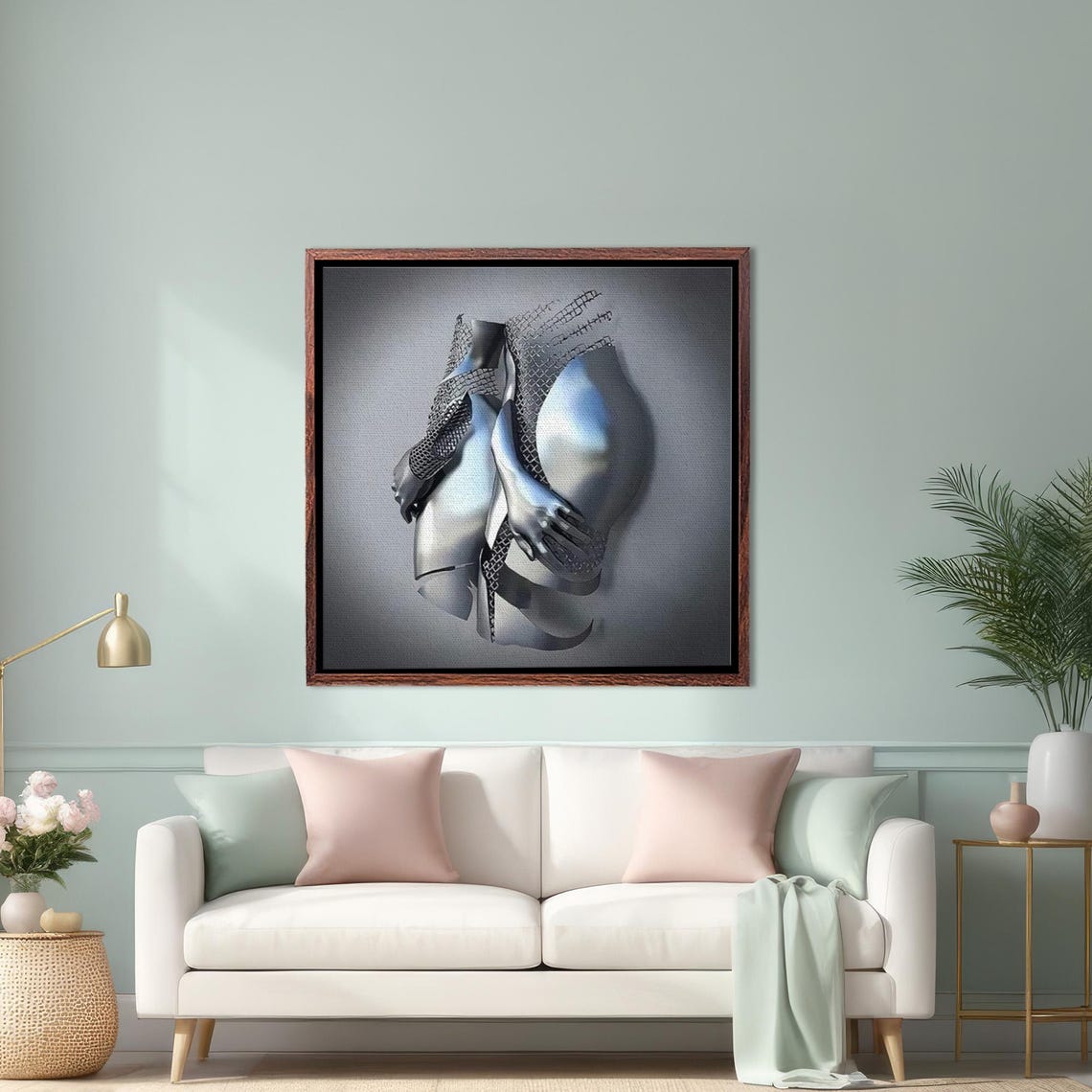 Headless Chrome Torsos Embrace in Metallic Sculpture Wall Art