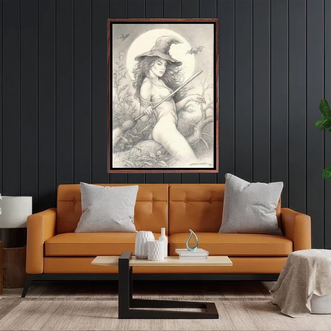 Vintage Engraving Witch on Broom Full Moon Night Halloween Poster - Image 2