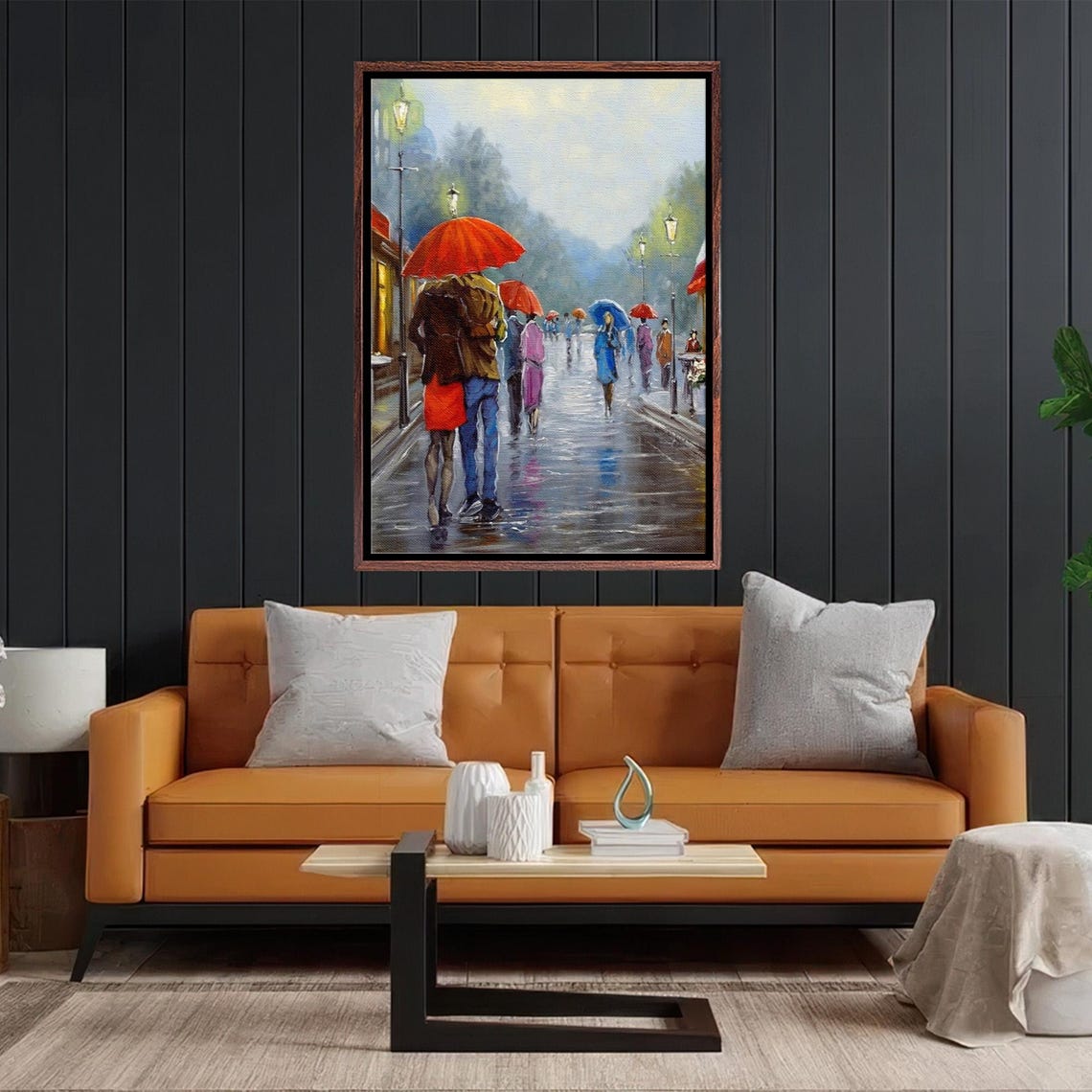 Romantic Couple Under Red Umbrella Walking In Rainy Street Poster - Image 2