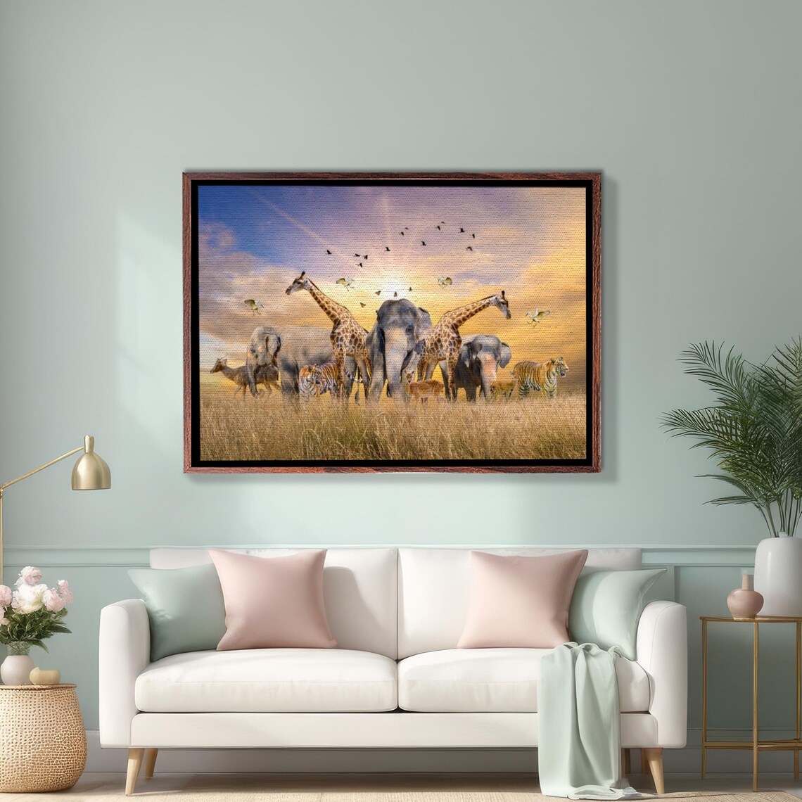 African Savanna Animals At Sunset Wildlife Gathering Scene Poster