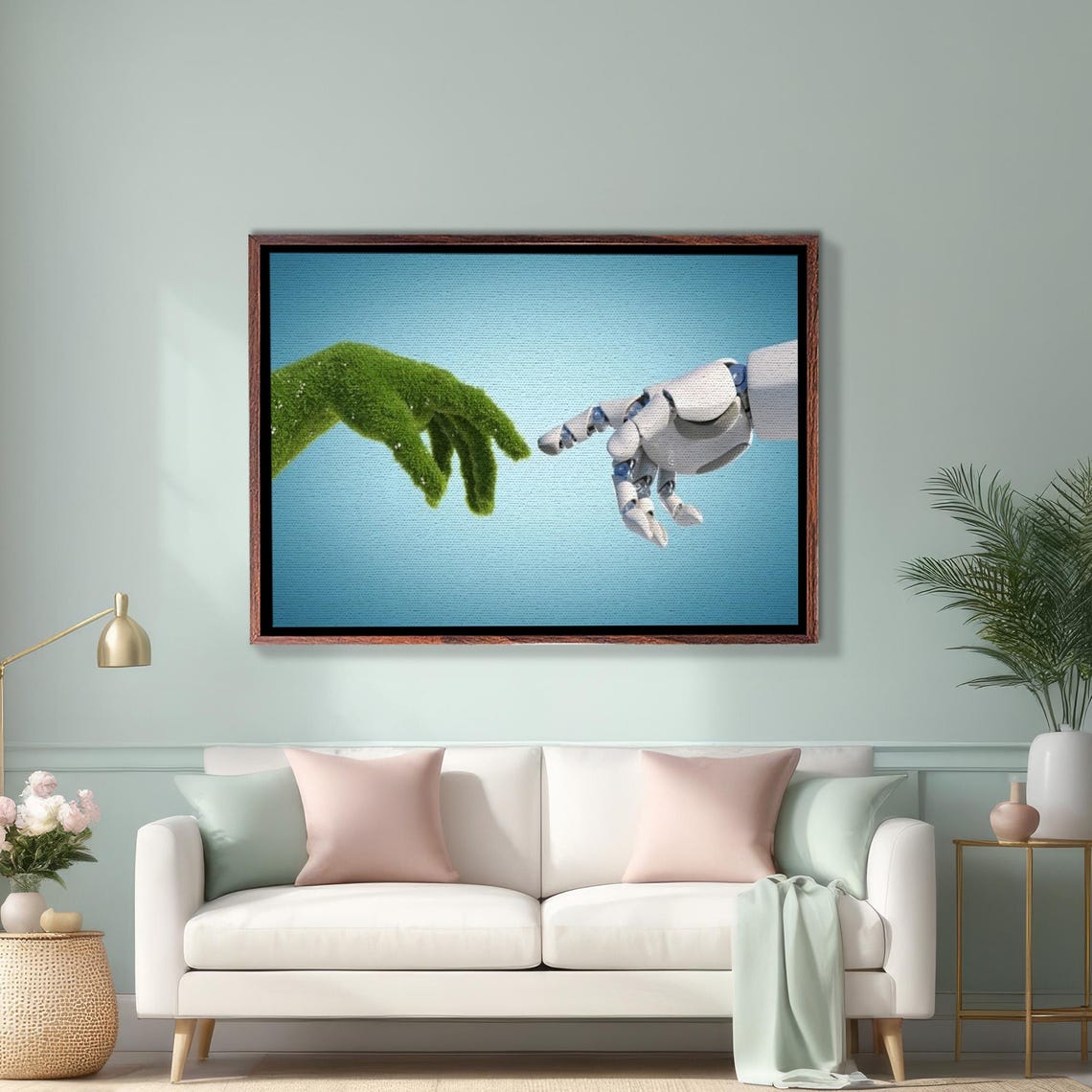 Green Nature Hand Reaching Toward Robot Hand Technology Art Poster