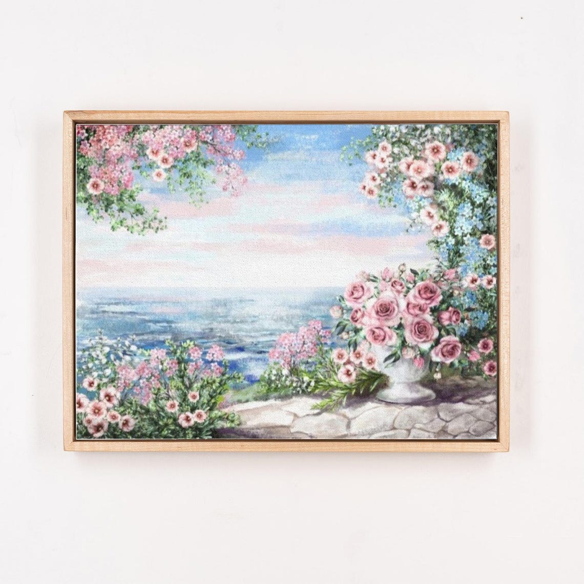 Pink Roses Cascading Over Ocean From Stone Terrace Floral Poster - Image 4