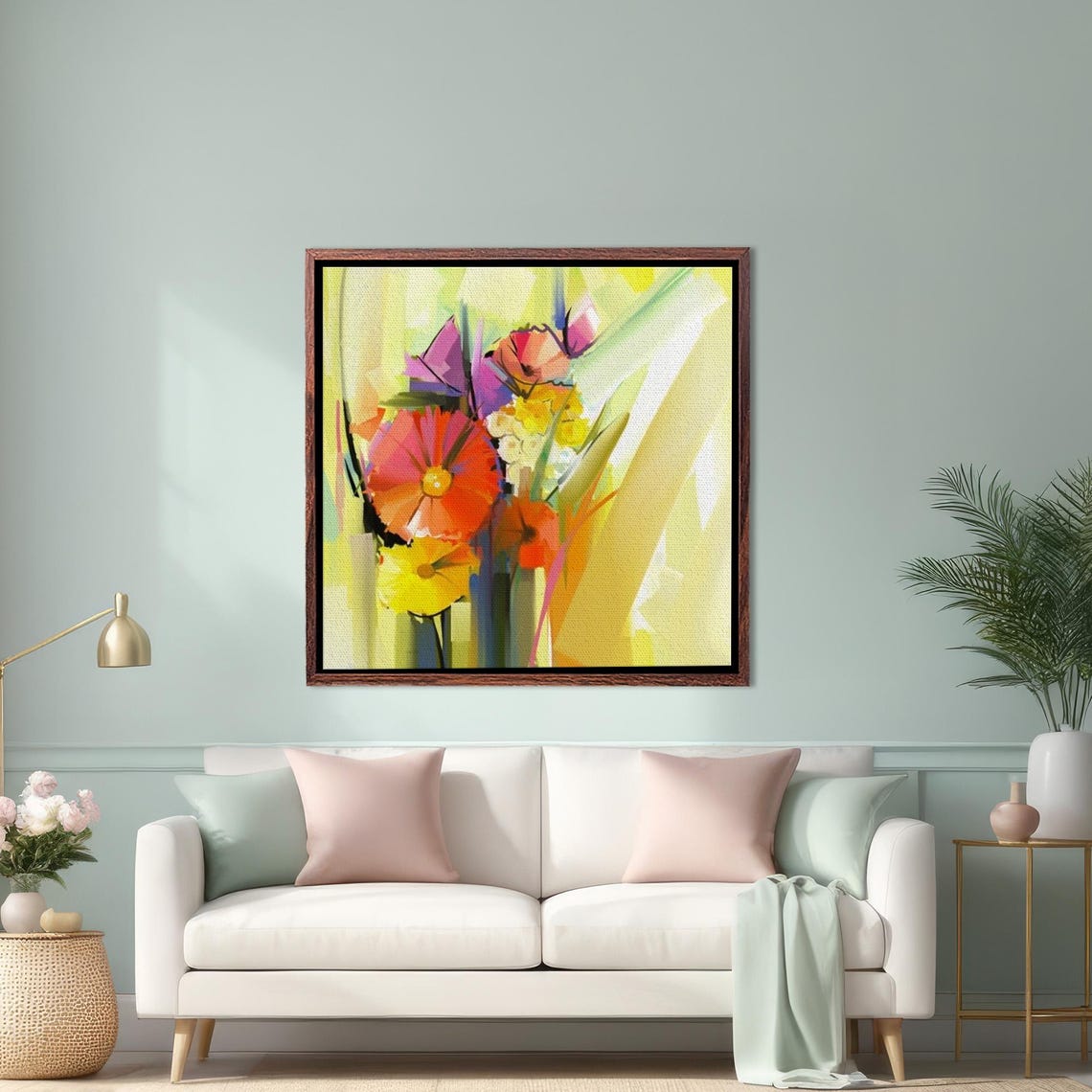 Bright Abstract Flowers Bouquet Yellow Background Floral Poster