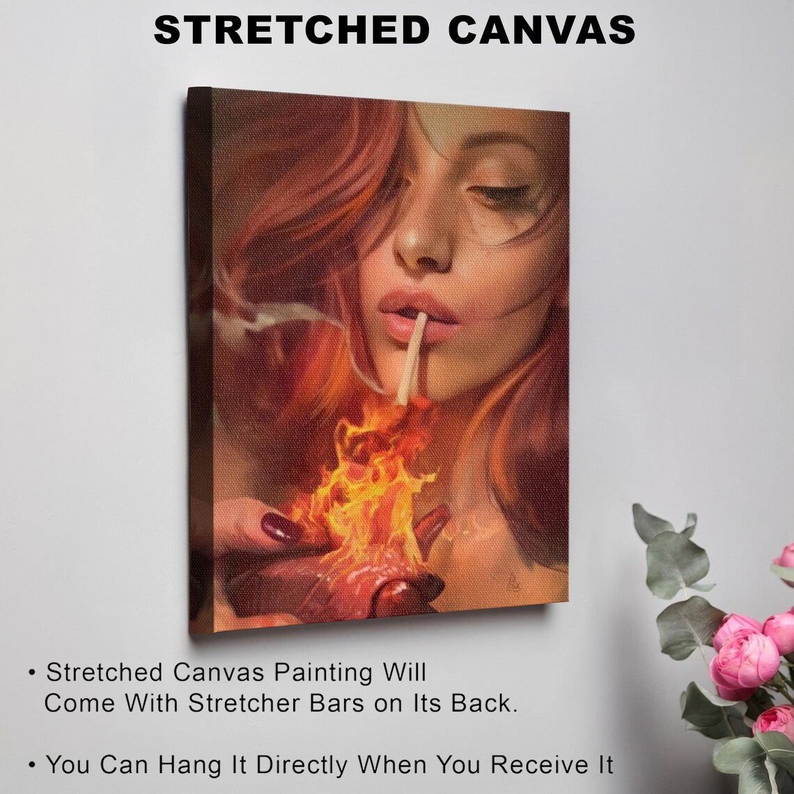 Red Haired Woman Lighting a Cigarette from a Flaming Heart Poster - Image 3