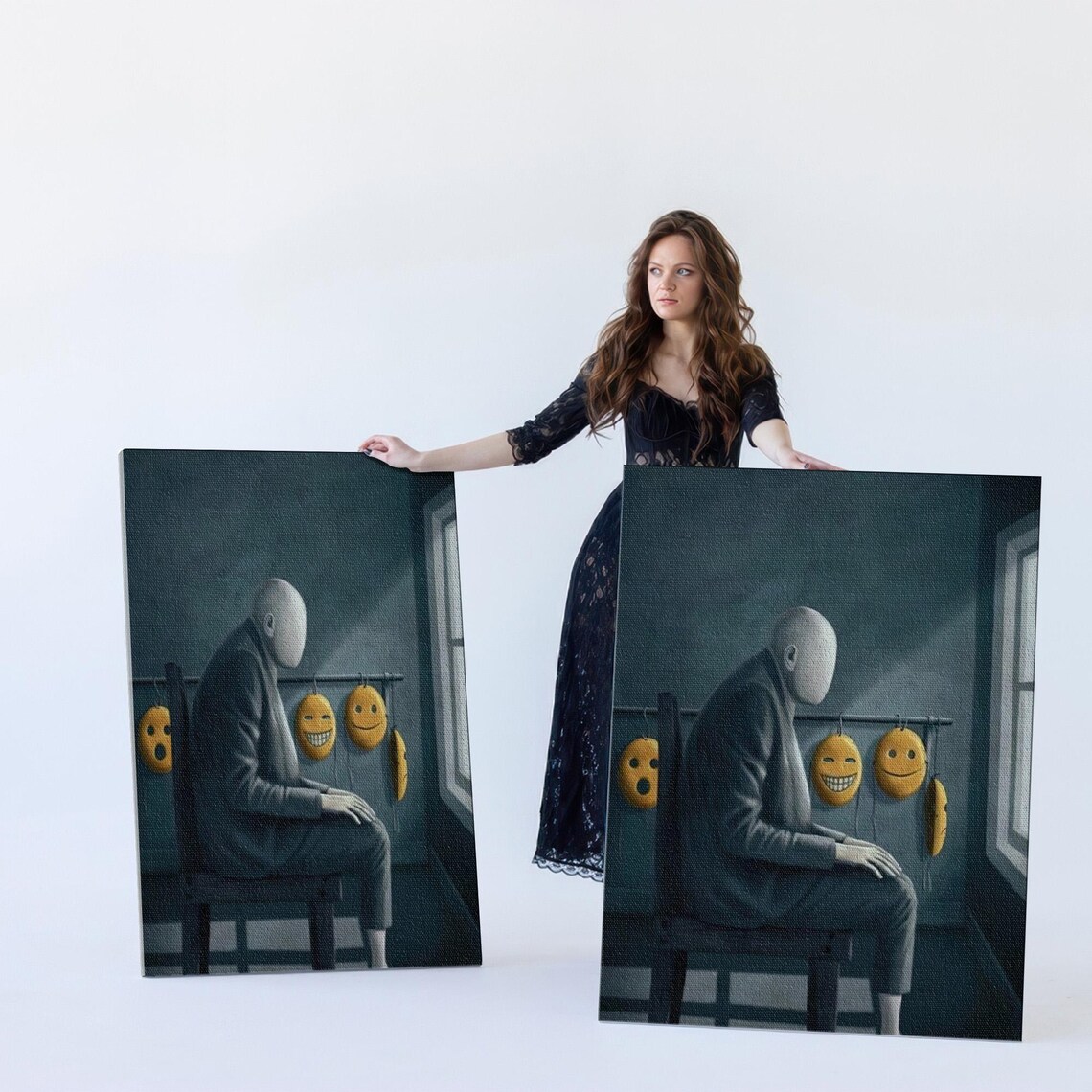 Faceless Man With Emoji Smile Masks Surreal Psychology Art Poster - Image 5