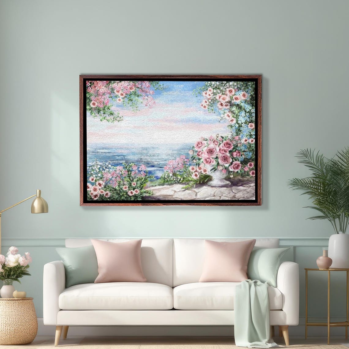 Pink Roses Cascading Over Ocean From Stone Terrace Floral Poster