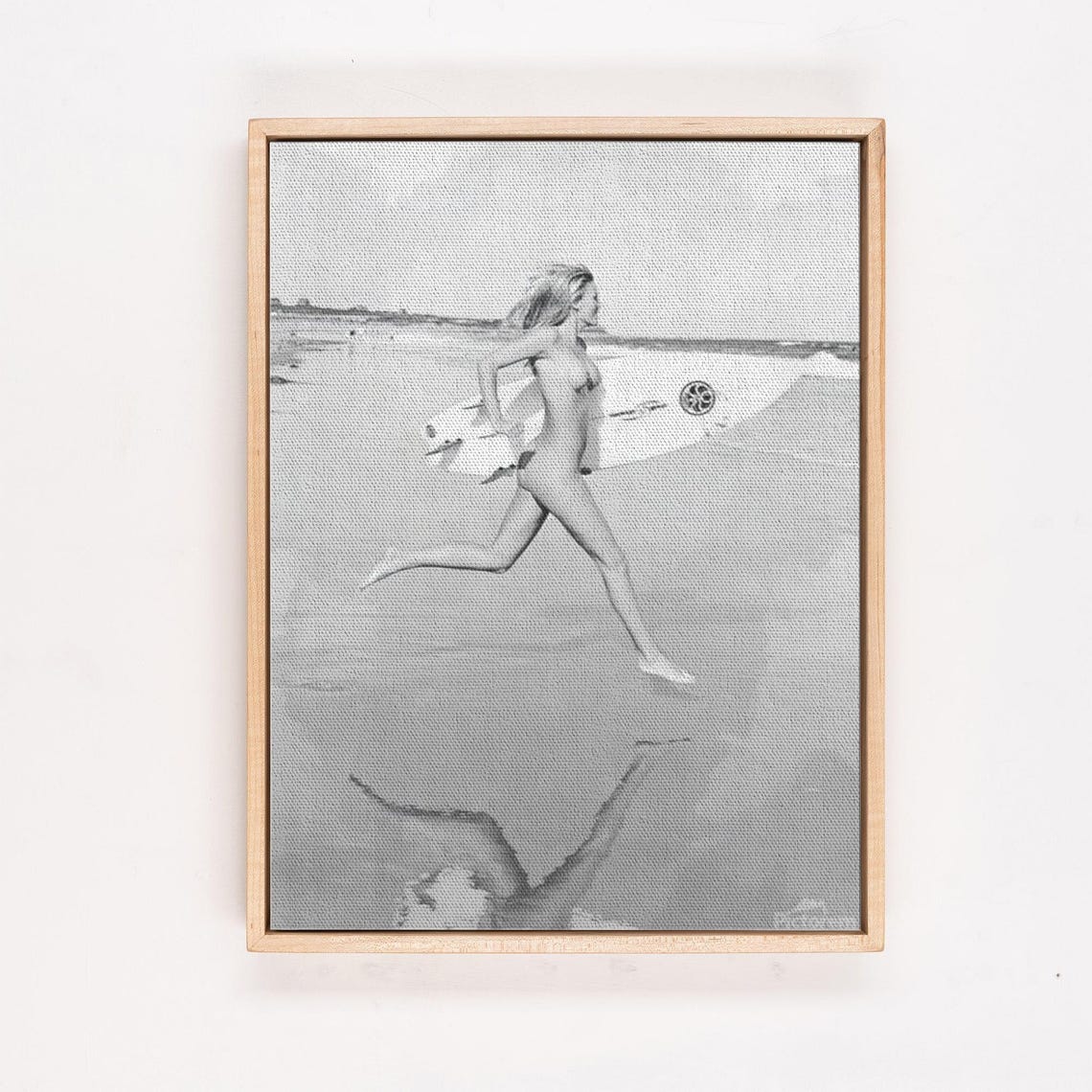 Black and White Surfer Girl Running on the Beach with Board Poster - Image 4