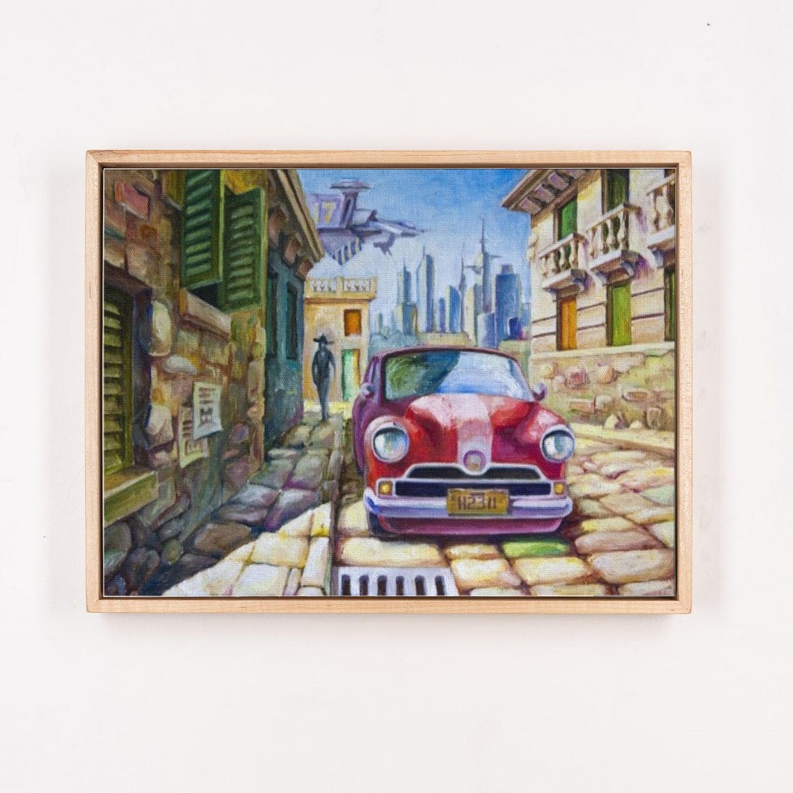 Vintage Red Classic Car Parked on an Old Cobblestone Street Poster - Image 4