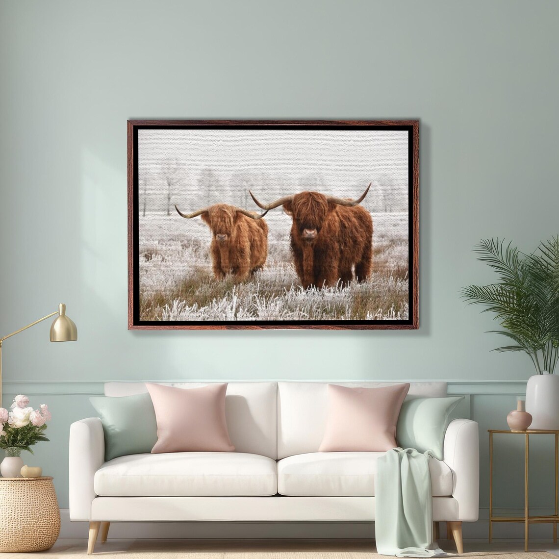 Two Highland Cows In Frosty Winter Field Morning Painting Poster