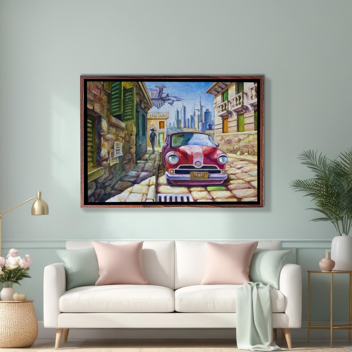 Vintage Red Classic Car Parked on an Old Cobblestone Street Poster