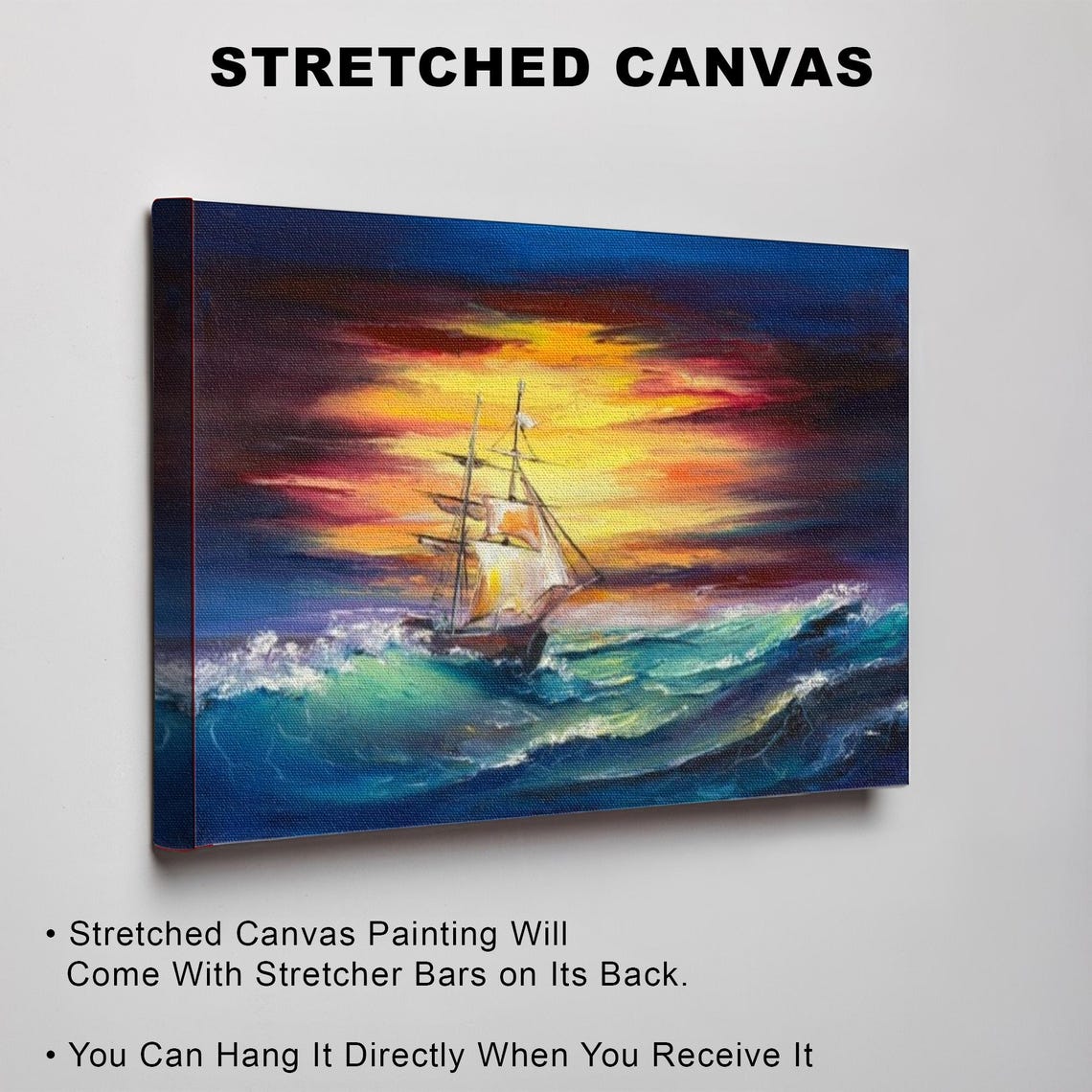 Old Sailing Ship Battling Stormy Ocean Waves at Sunset Poster - Image 3
