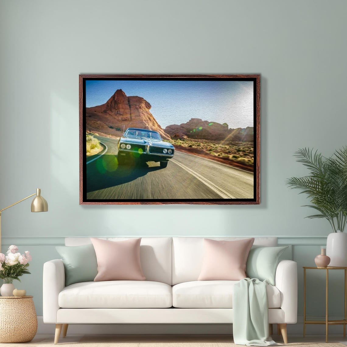 Classic American Muscle Car Speeding on Desert Highway Poster