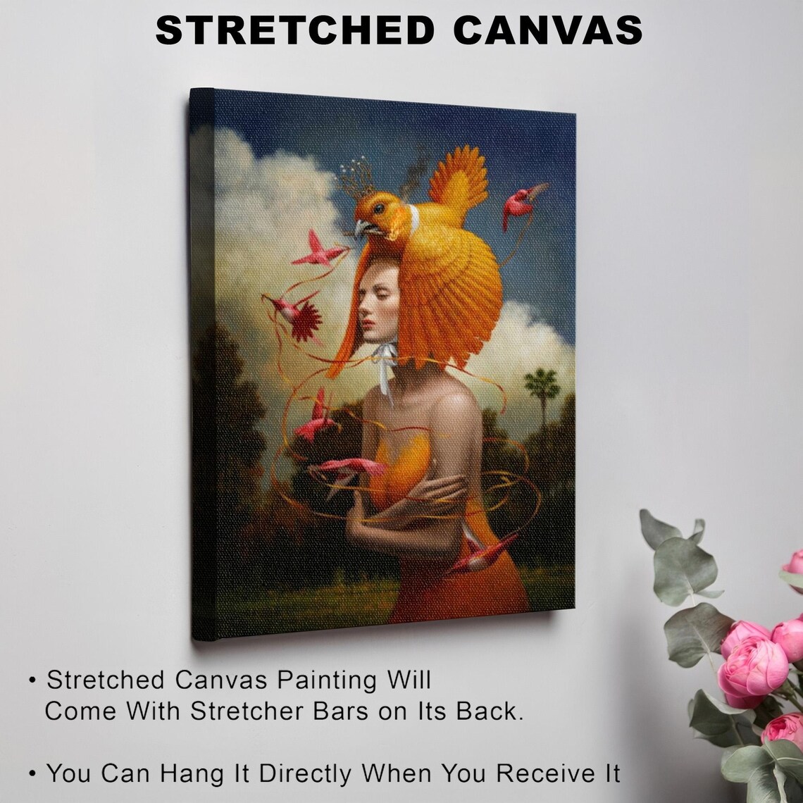 Surreal Woman With Golden Bird Crown In Orange Dress Art Poster - Image 3