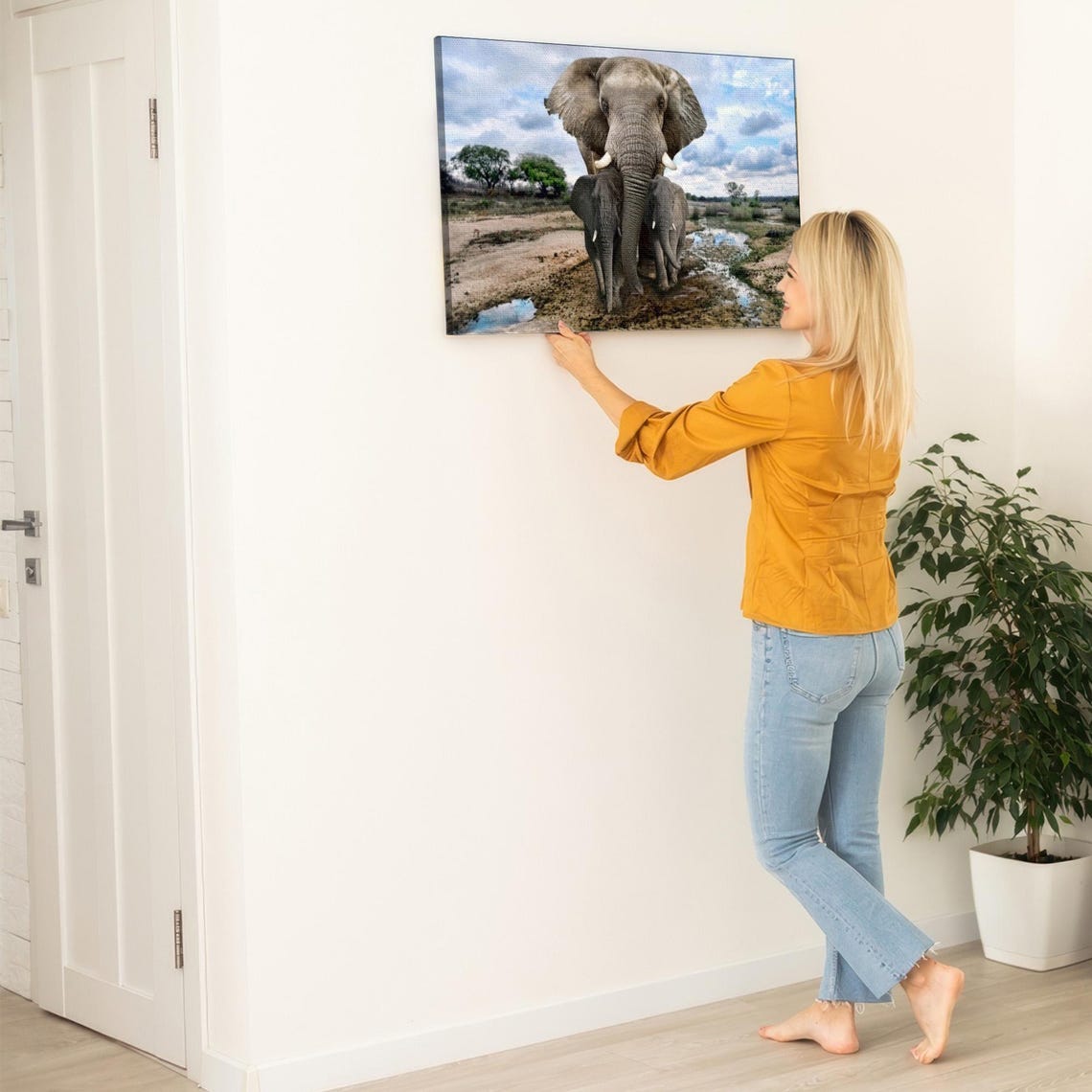 African Elephant Shielding Her Calves at the Waterhole Safari Poster - Image 5