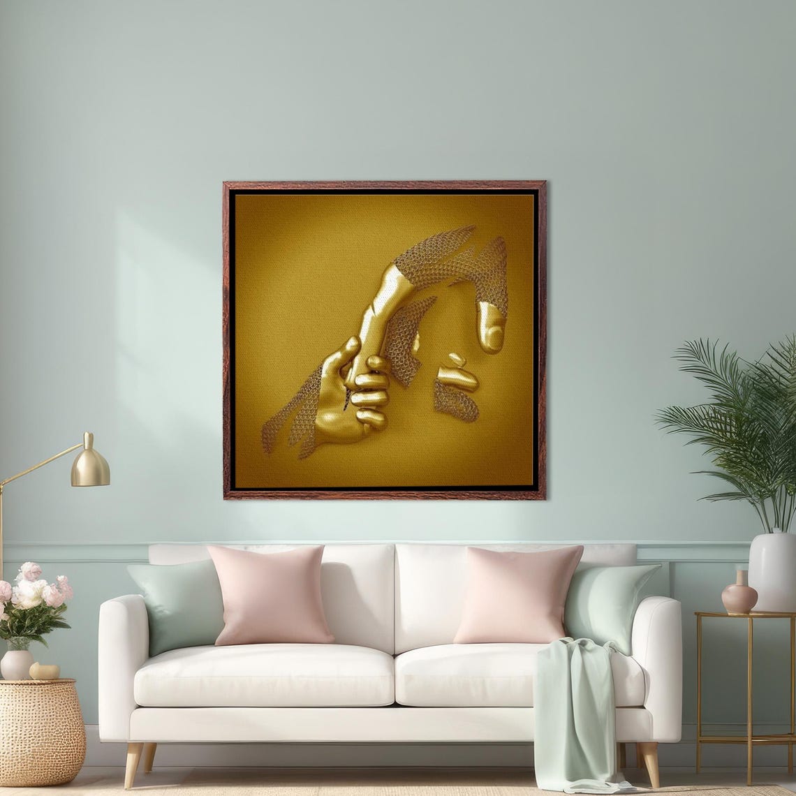 Gold 3D Effect Hands Reaching Surreal Metallic Modern Art Poster