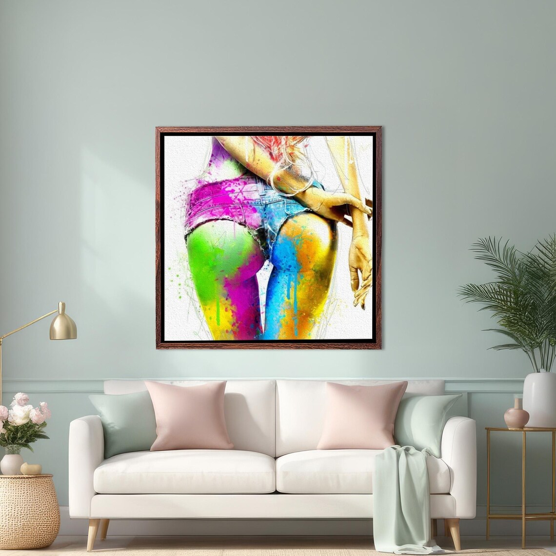 Colorful Watercolor Splash Woman In Denim Shorts Pop Art Poster