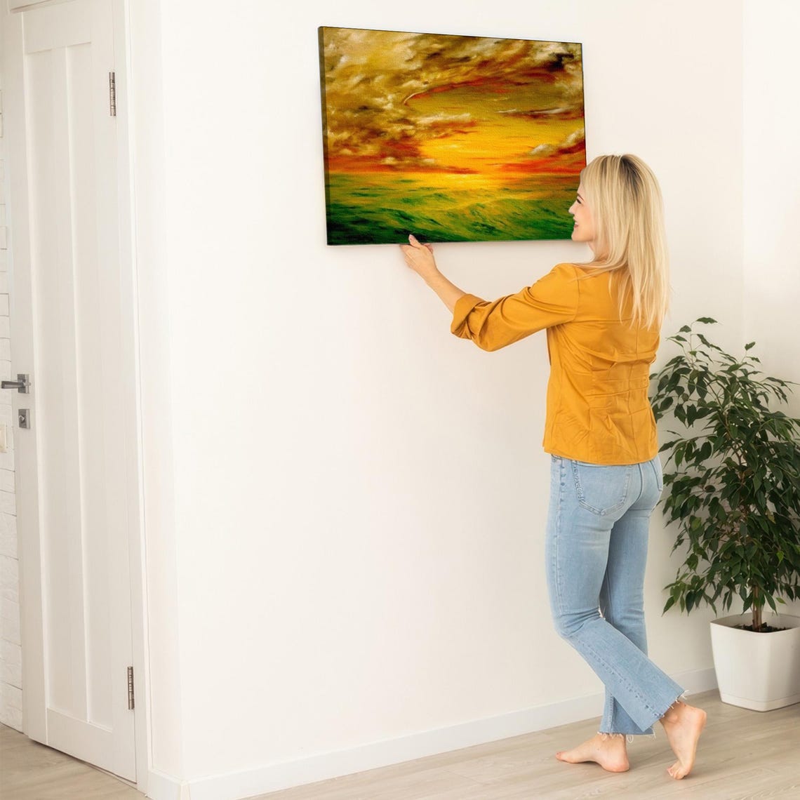 Golden Sunset Sky Abstract Expressionist Oil Painting Wall Art - Image 5