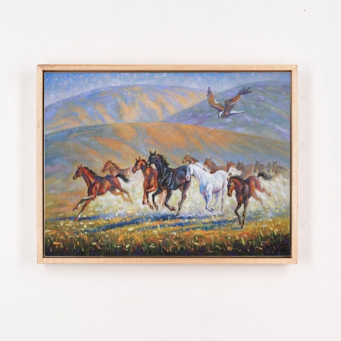 Galloping Wild Horses With Soaring Eagle At Sunset Painting Poster - Image 4