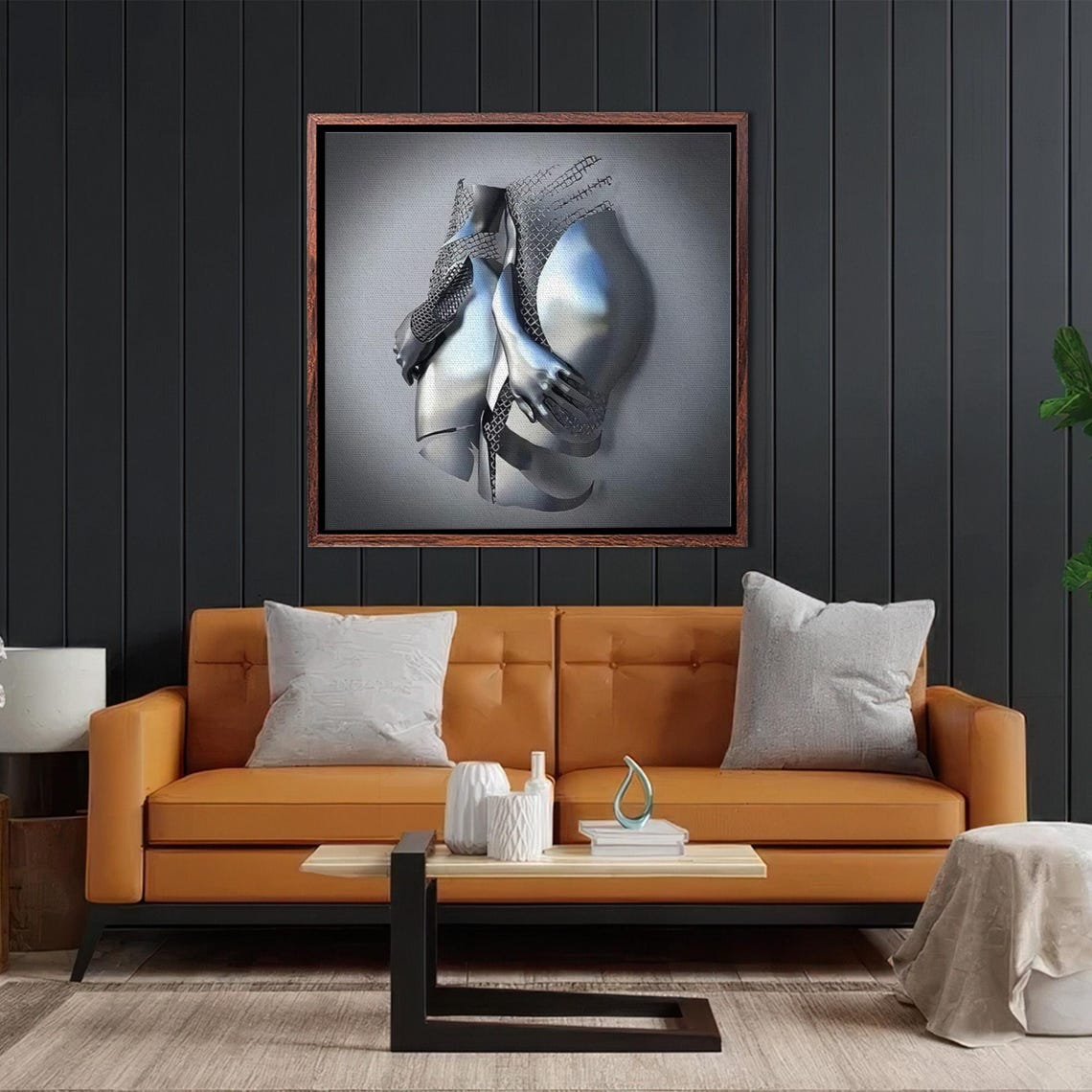 Headless Chrome Torsos Embrace in Metallic Sculpture Wall Art - Image 2