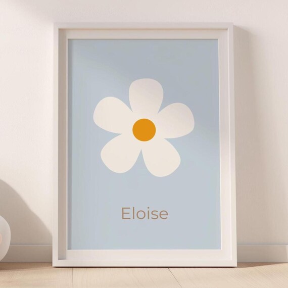 Custom Name Daisy Nursery Wall Art Girl Bedroom Decor Flower Baby Shower Framed Pastel Blue Personalized Print