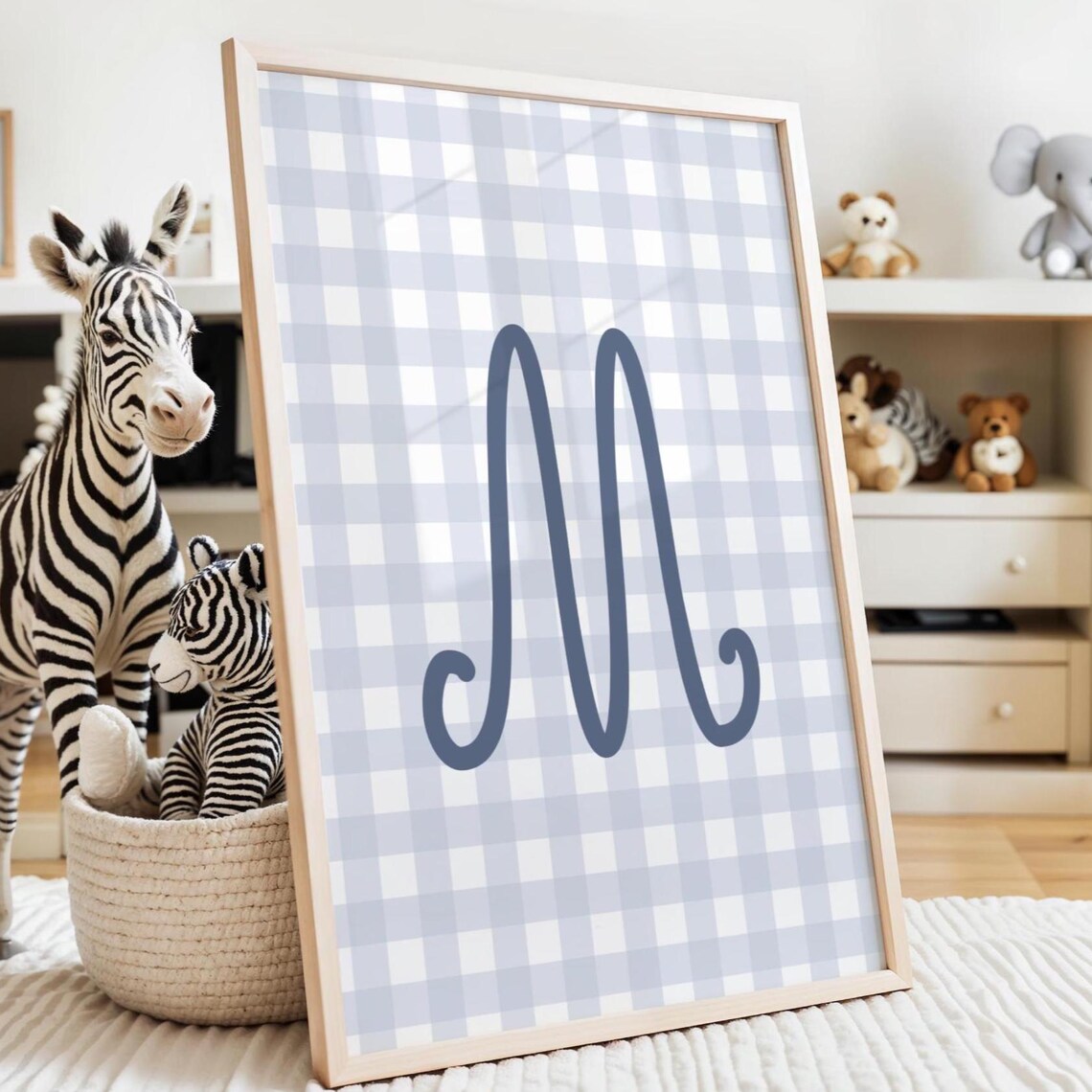 Blue And White Nursery Decor Custom Boy Initial Wall Print Pastel Gingham Toddler Room Trendy Last Minute Bday Gift