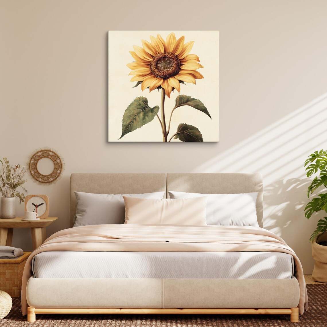 Sunflower Tall Bloom Green Leaves Vintage Botanical Cream Art Poster - Image 2