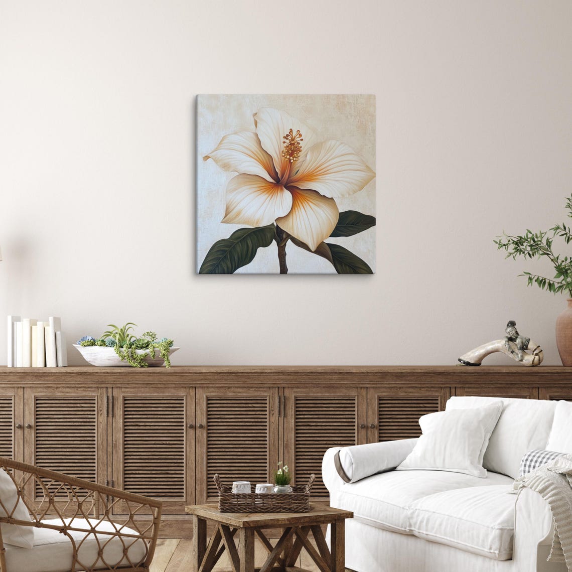 Cream White Hibiscus Flower Neutral Beige Botanical Wall Poster - Image 2