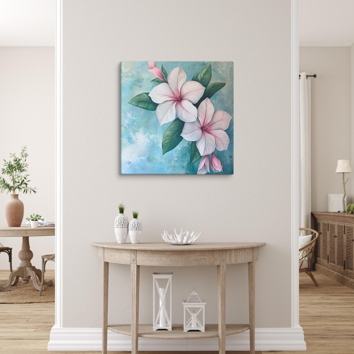 White Azalea Pink Center Teal Blue Background Tropical Floral Poster - Image 5