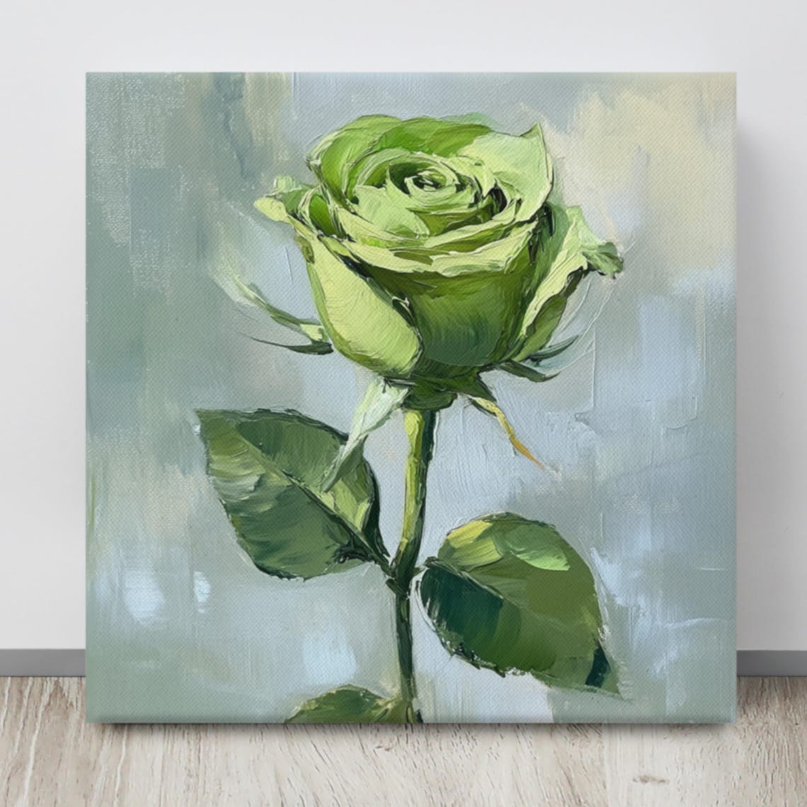 Green Rose Bloom Impasto Painting Cool Blue Background Art Poster - Image 4