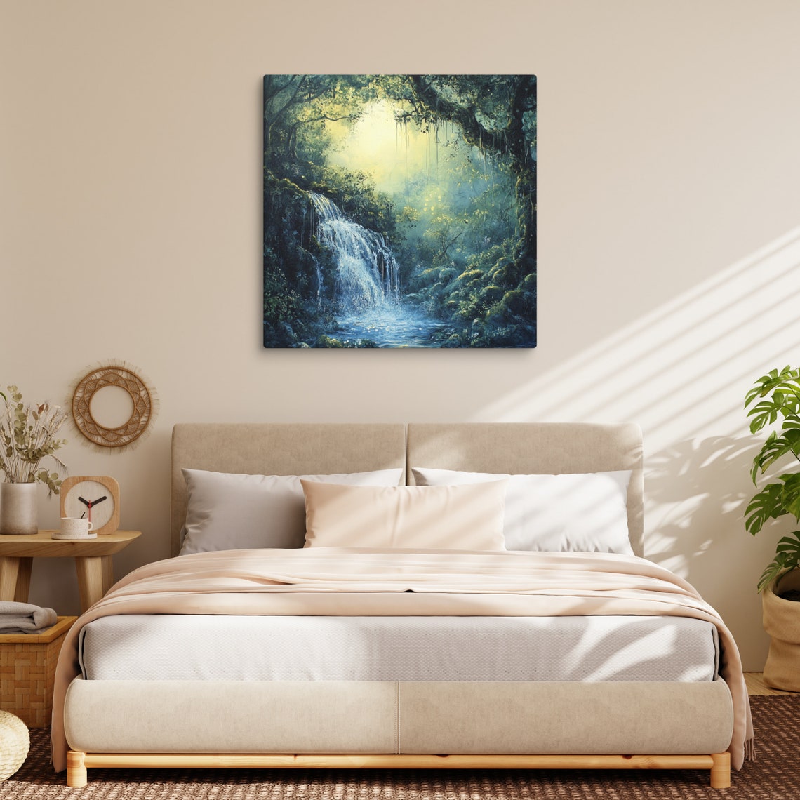 Sunlit Jungle Waterfall Blue Cascade Misty Gorge Nature Wall Art Print - Image 4