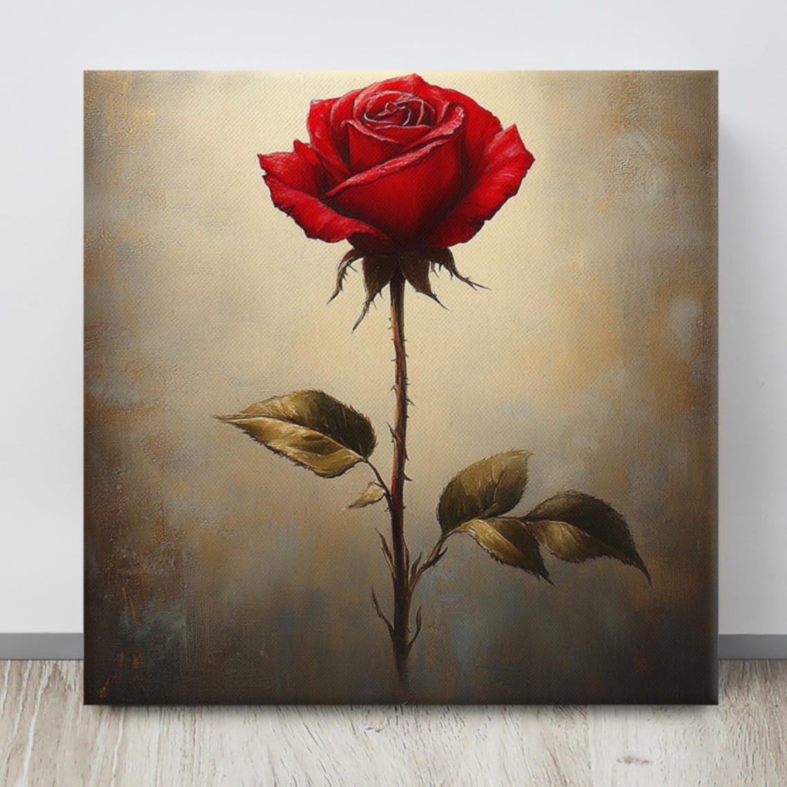Single Red Rose Bloom Thorny Stem Vintage Painting Print Poster - Image 4