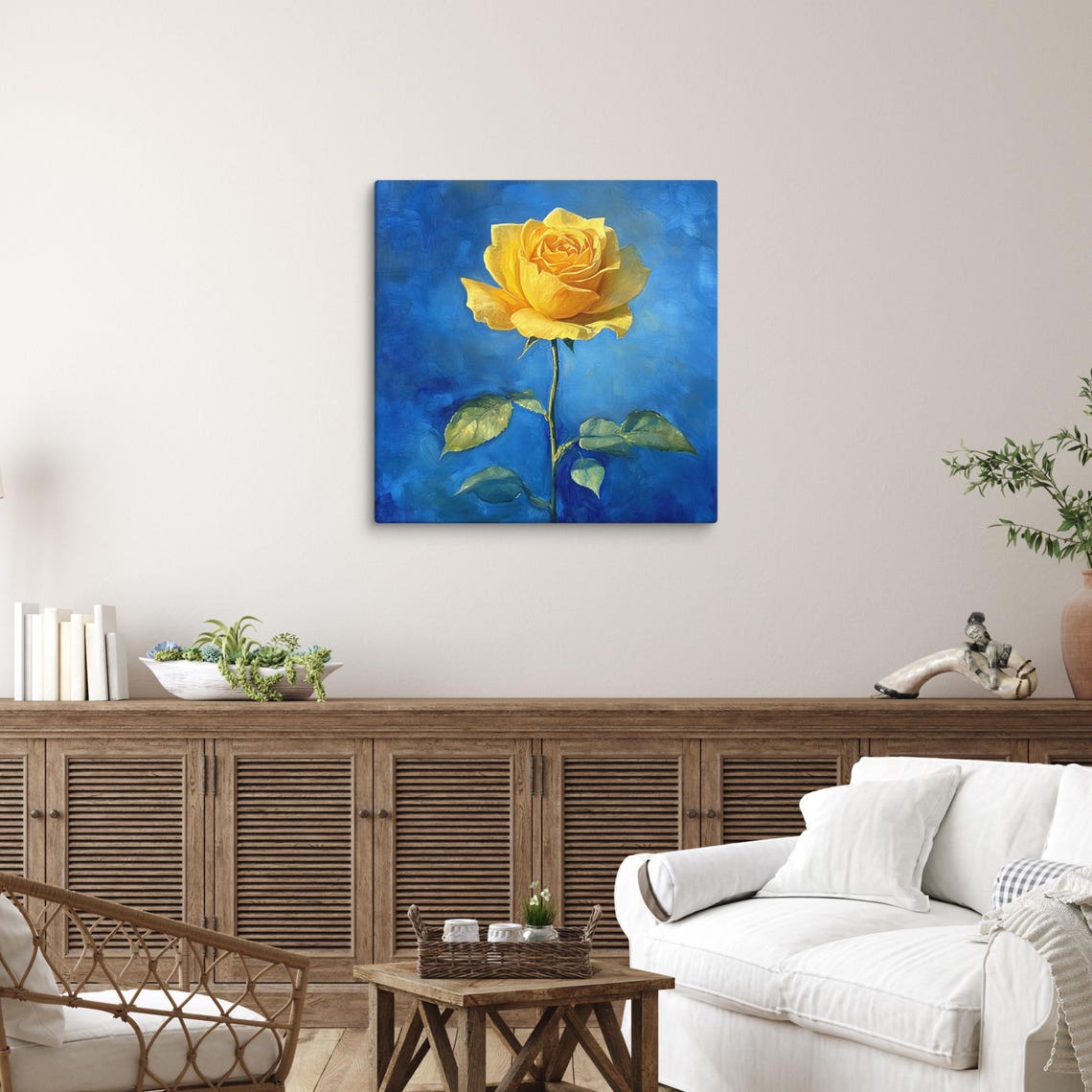 Yellow Rose Single Bloom Cobalt Blue Background Floral Wall Art - Image 3