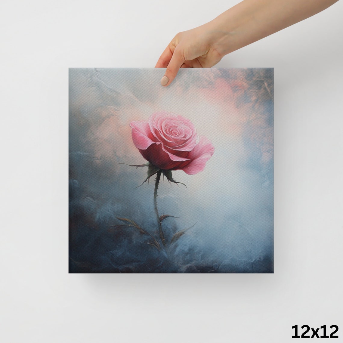 Pink Rose Thorny Stem Misty Smoky Blue Dreamy Mystical Art Poster - Image 2
