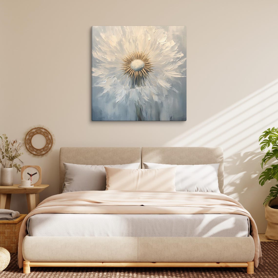 White Dandelion Seed Head Impasto Blue Gray Background Painting Poster - Image 2