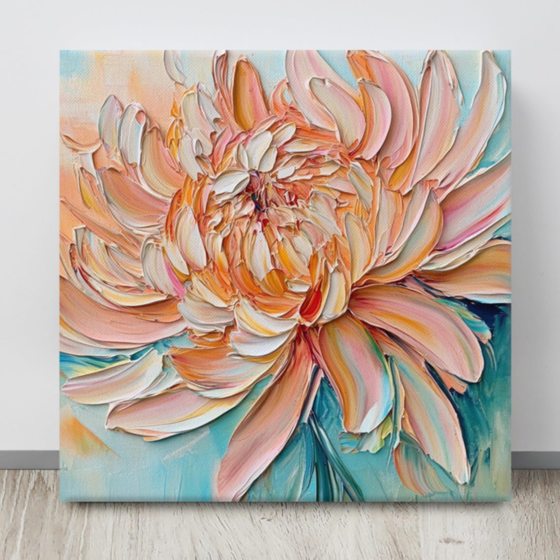 Peach Chrysanthemum Impasto Painting Teal Background Floral Poster - Image 4