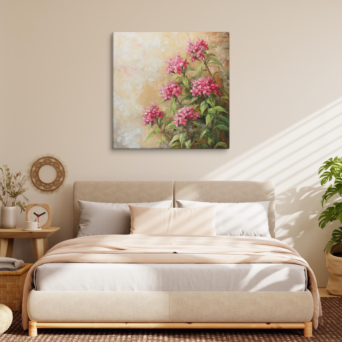 Pink Pentas Flower Clusters Warm Beige Floral Painting Wall Art - Image 2