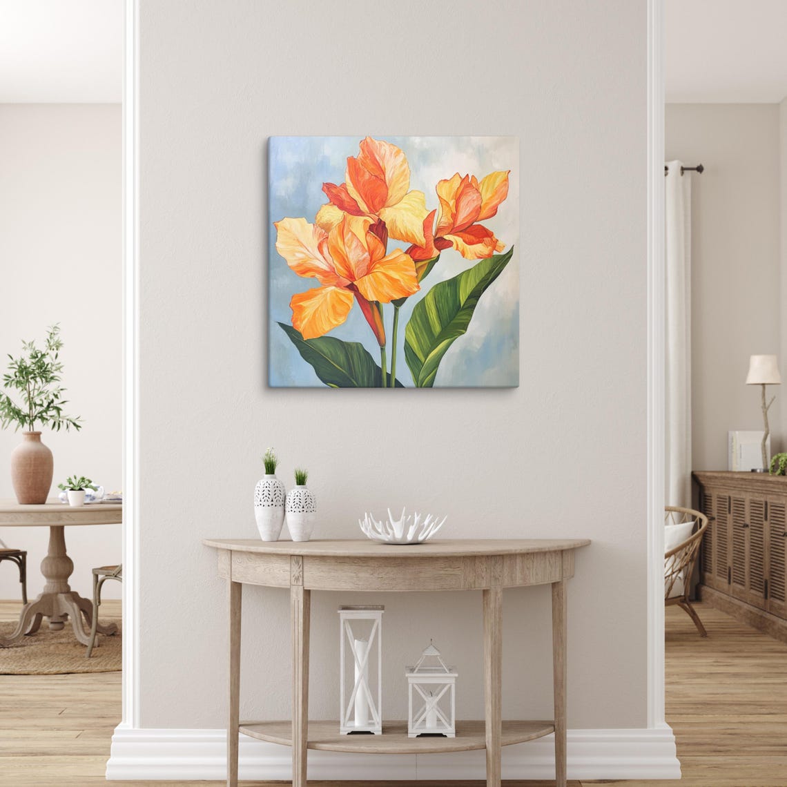 Orange Canna Lilies Tropical Bloom Pale Blue Sky Floral Poster - Image 5