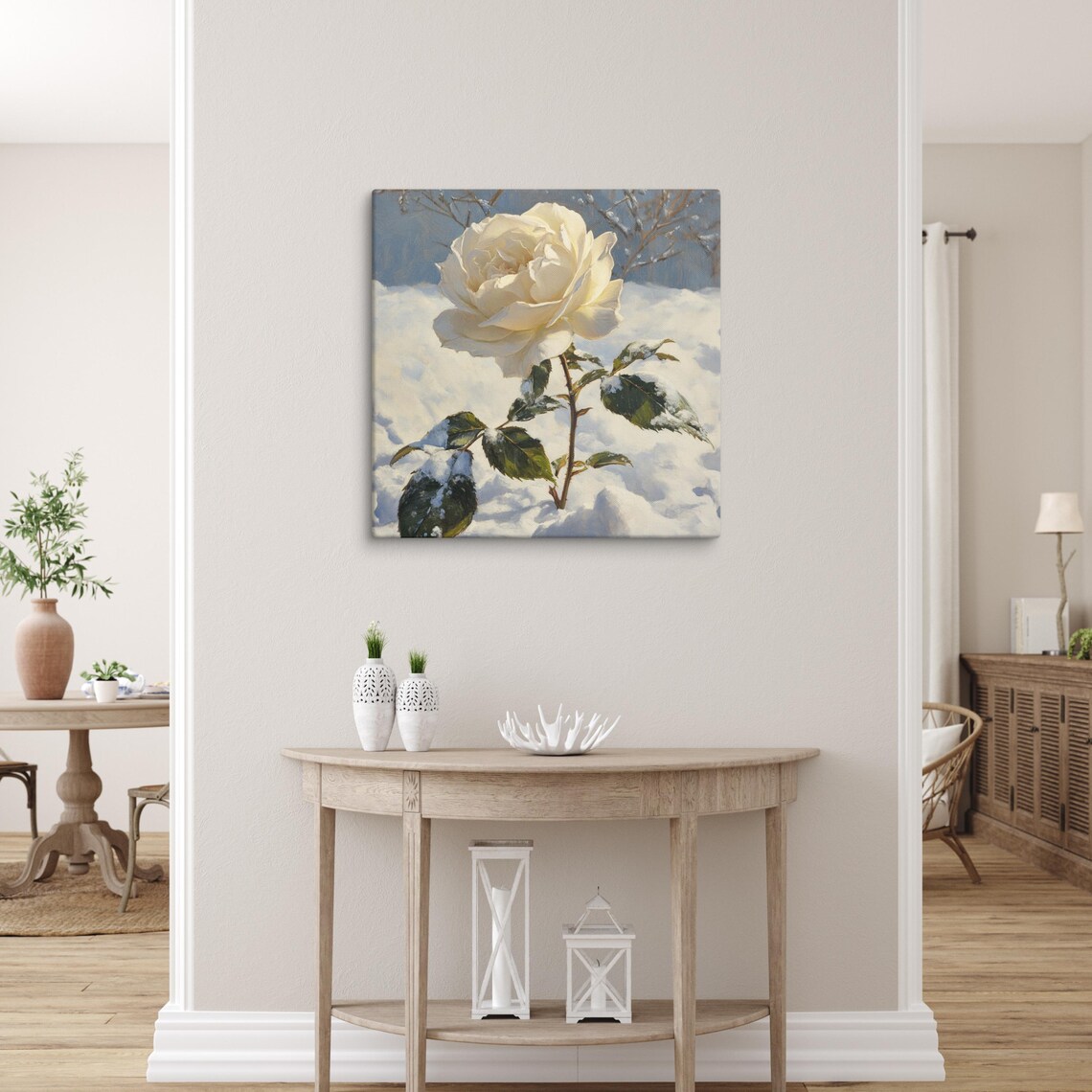 Snowy White Rose Print Painting Print Flower Art Rose Painting Living Room Art Winter Wall Art White Aesthetic Home Decor - Image 5