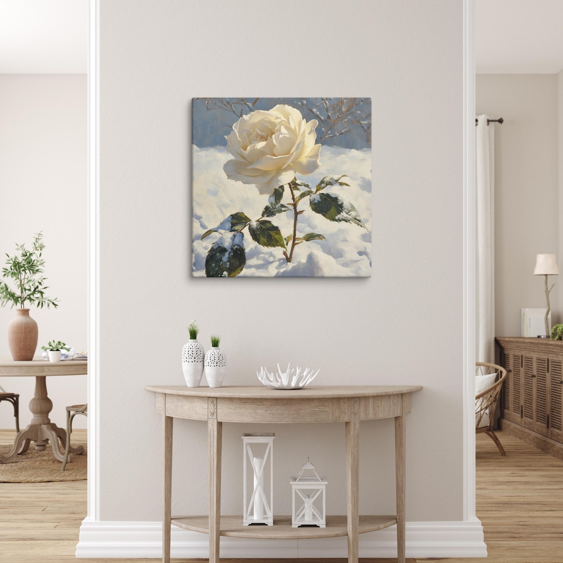 White Rose Bloom in Snow Winter Scene Watercolor Painting Poster - Image 5
