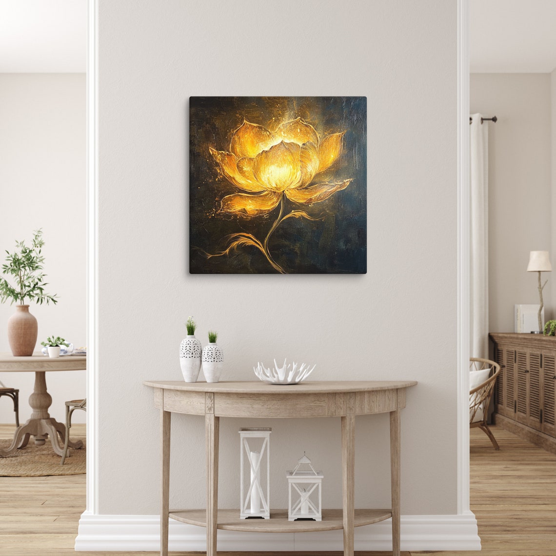 Golden Flower On Black Dramatic Gold Petals Painting Print Poster - Image 2